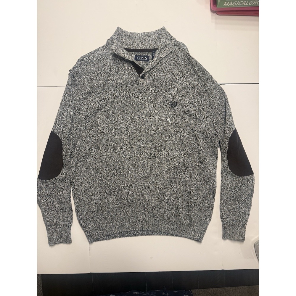 Chaps Sweater Quarter Button Mock Neck Black/White Marbled Elbow Patches Men XXL